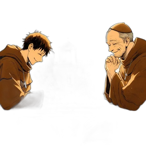 jacket, concept art, anime, cartoon, comic book art, two, monks, play transparent PNG cut-out