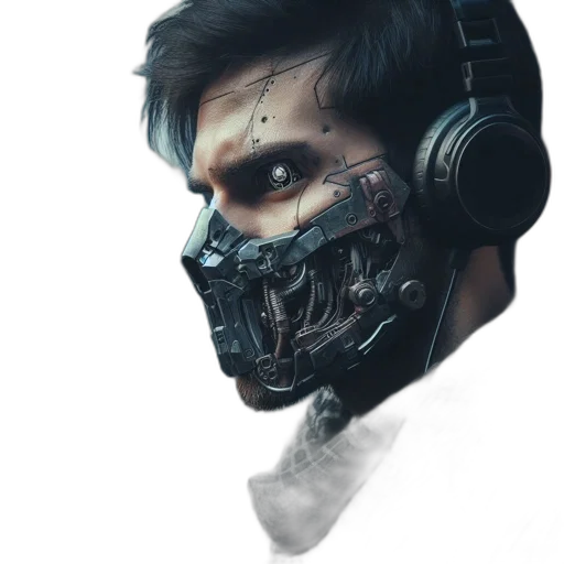 mask, face, robot, cyberpunk, concept art, photorealistic, comic book art, dark transparent PNG cut-out