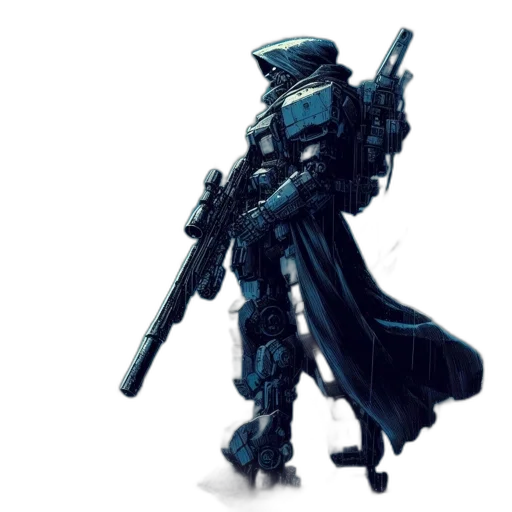 robot, weapon, concept art, pixel art, cyberpunk, 3d render, blue, monochrome transparent PNG cut-out