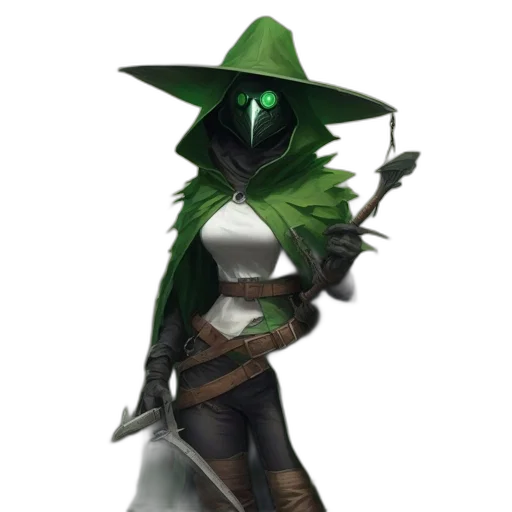 staff, mask, hat, weapon, concept art, fantasy art, 3d render, green transparent PNG cut-out