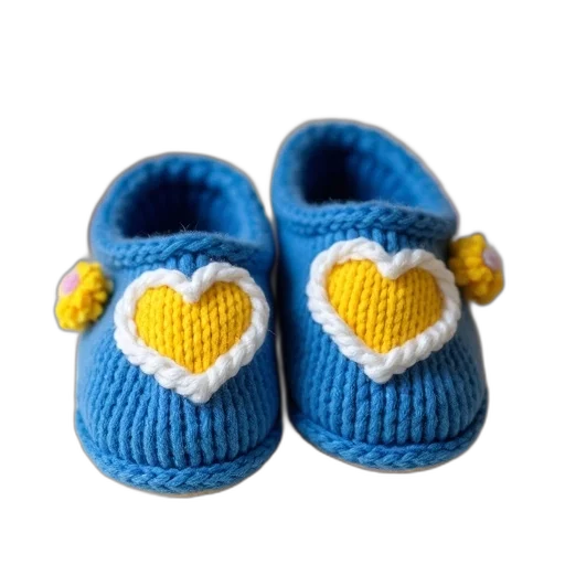 shoes, pair, blue, slippers, yellow, white, knitted, hearts transparent PNG cut-out