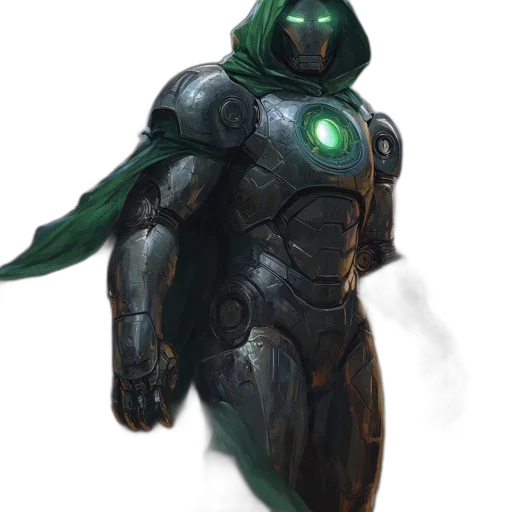 robot, mask, concept art, fantasy art, 3d render, comic book art, outer space, green transparent PNG cut-out