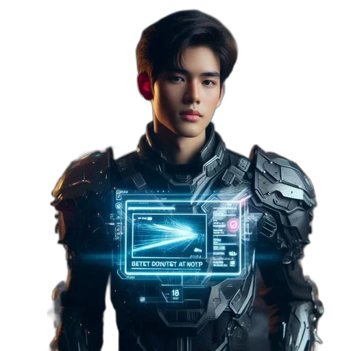 robot, weapon, face, jacket, cyberpunk, vaporwave, concept art, photorealistic transparent PNG cut-out