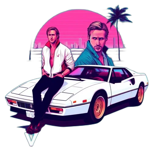 car, jacket, vaporwave, pixel art, concept art, cartoon, neon lights, fire transparent PNG cut-out