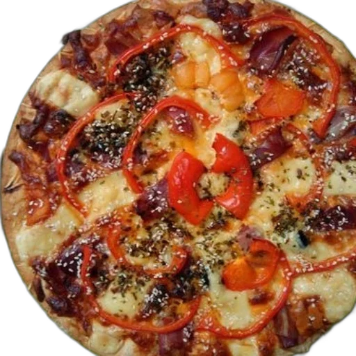food, photorealistic, pizza, red, peppers, cheese, herbs, green transparent PNG cut-out