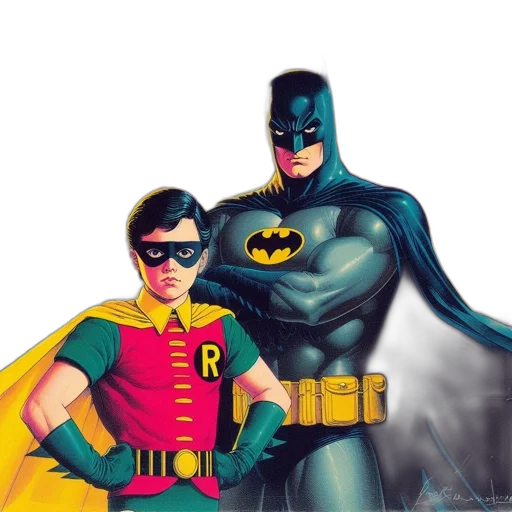 comic book art, concept art, cartoon, photorealistic, batman, robin, stand, against transparent PNG cut-out