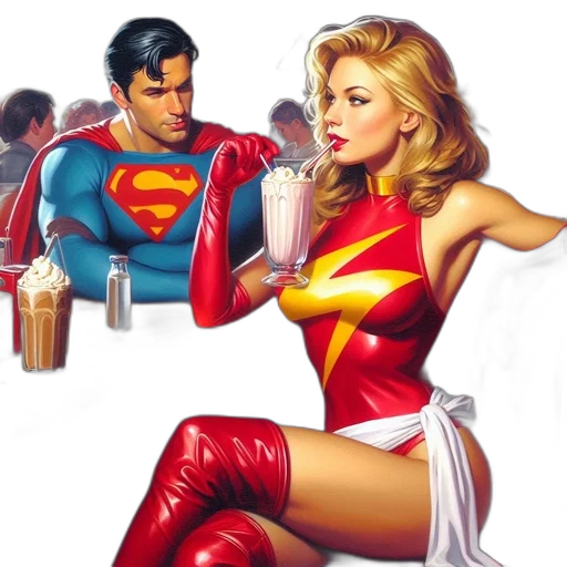 comic book art, concept art, two, superheroes, superman, flash, sit, together transparent PNG cut-out