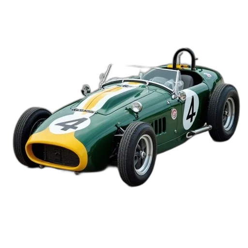 car, vintage, racing, green, yellow, body, parked, concrete transparent PNG cut-out