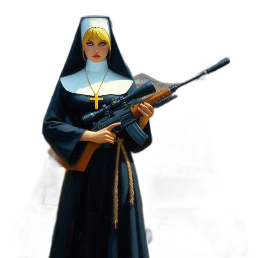 weapon, staff, 3d render, concept art, comic book art, photorealistic, nun, dressed transparent PNG cut-out