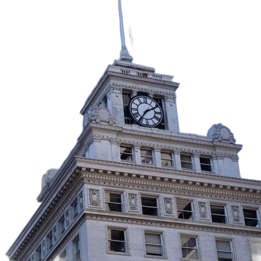 building, staff, clock, tower, black, white, face, against transparent PNG cut-out