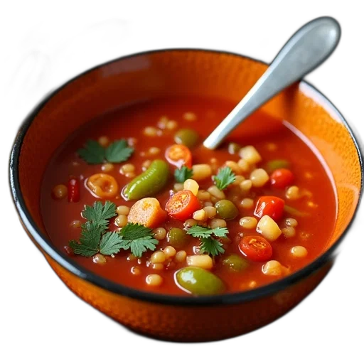 food, photorealistic, 3d render, bowl, soup, spoon, inside, placed transparent PNG cut-out