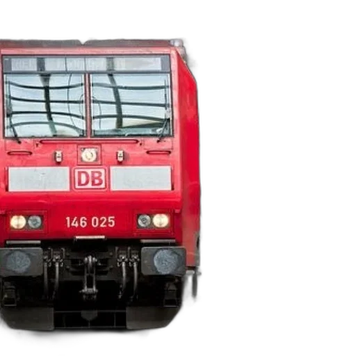 photorealistic, red, train, logo, number, 146, 025, arriving transparent PNG cut-out
