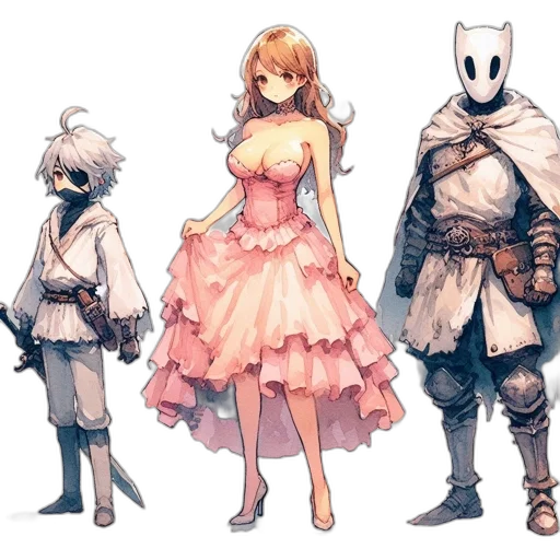 dress, mask, concept art, fantasy art, pixel art, anime, monochrome, pastel transparent PNG cut-out