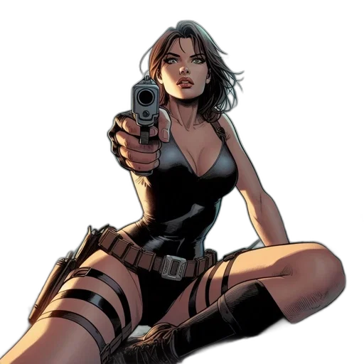 weapon, comic book art, concept art, cyberpunk, cartoon, woman, black, outfit transparent PNG cut-out