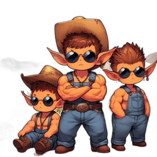 concept art, pixel art, fantasy art, cartoon, three, animated, cowboys, wear transparent PNG cut-out