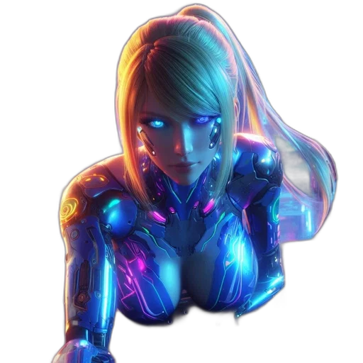 robot, face, cyberpunk, concept art, 3d render, comic book art, neon lights, blue transparent PNG cut-out