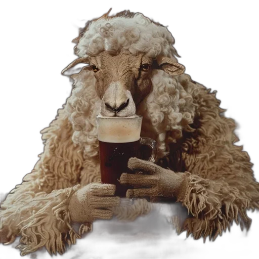 animal, photorealistic, sheep, sits, table, cozy, room, holding transparent PNG cut-out
