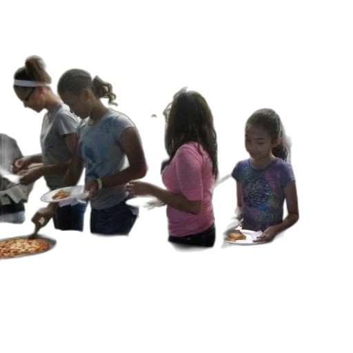 food, 3d render, group, girls, getting, pizza, buffet, table transparent PNG cut-out
