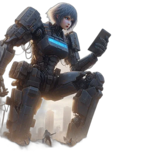 robot, weapon, concept art, cyberpunk, 3d render, fantasy art, blue, post-apocalyptic transparent PNG cut-out