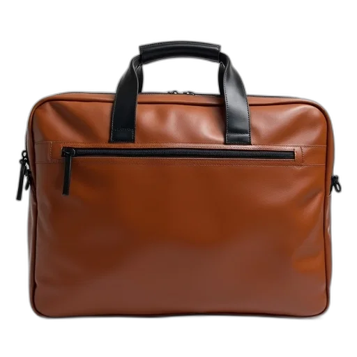 brown, leather, briefcase, black, handle, zipper, closure, displayed transparent PNG cut-out