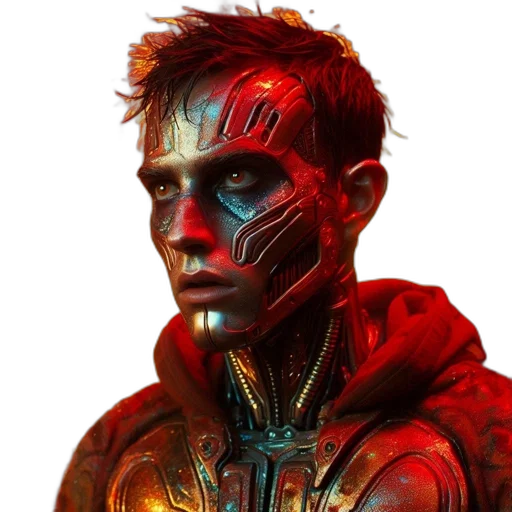 mask, face, robot, jacket, cyberpunk, concept art, comic book art, photorealistic transparent PNG cut-out