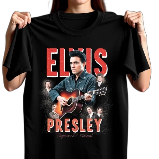 person, holding, black, t-shirt, graphic, design, featuring, elvis transparent PNG cut-out