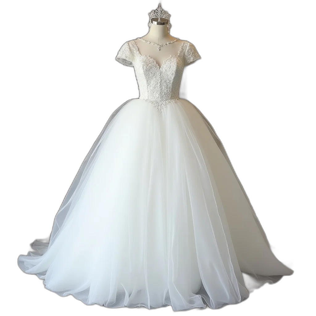 dress, crown, 3d render, white, fluffy, wedding, fitted, bodice transparent PNG cut-out