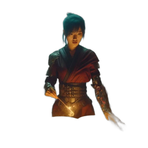jacket, staff, weapon, sword, concept art, fantasy art, pixel art, 3d render transparent PNG cut-out