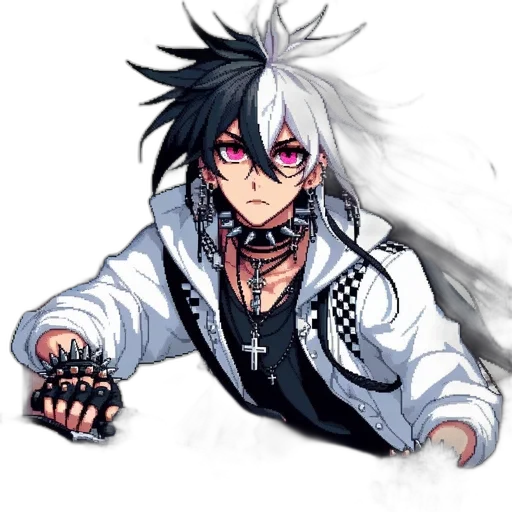 jacket, staff, weapon, concept art, pixel art, anime, fantasy art, monochrome transparent PNG cut-out