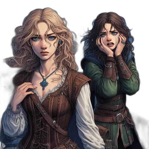 fantasy art, concept art, comic book art, watercolor, earth tones, two, women, stand transparent PNG cut-out