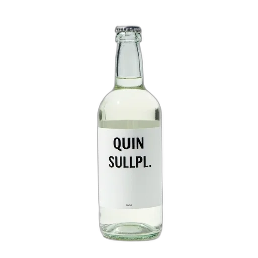 bottle, weapon, clear, glass, white, label, reads, quin transparent PNG cut-out