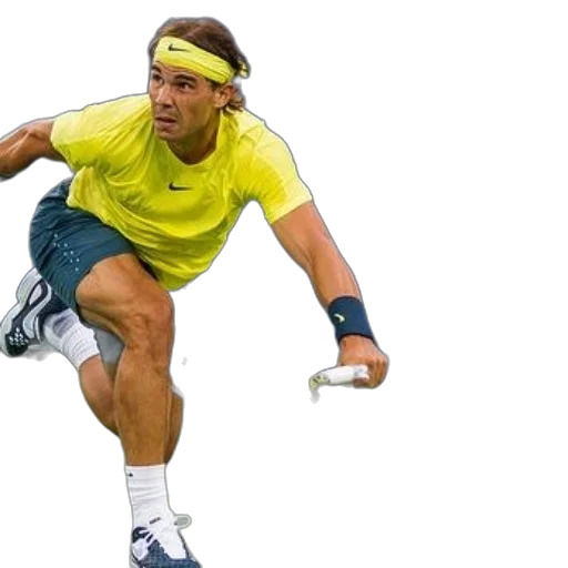 photorealistic, tennis, player, yellow, shirt, green, shorts, court transparent PNG cut-out