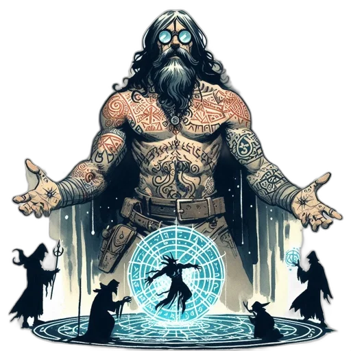 comic book art, concept art, fantasy art, pixel art, underwater, muscular, figure, tattoos transparent PNG cut-out