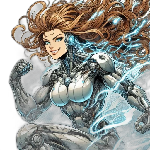 hair, comic book art, concept art, fantasy art, woman, electric, wears, futuristic transparent PNG cut-out