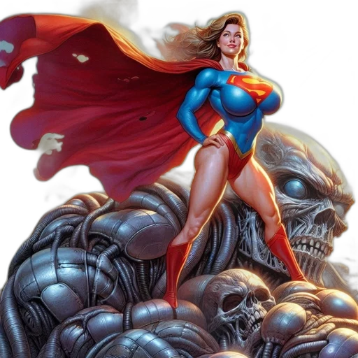 comic book art, concept art, supergirl, her, cape, flowing, wind, stands transparent PNG cut-out