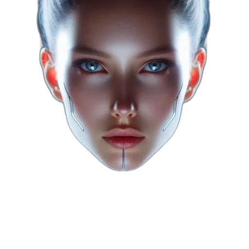 face, robot, mask, jewelry, cyberpunk, concept art, photorealistic, 3d render transparent PNG cut-out