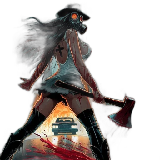 weapon, concept art, fantasy art, comic book art, cyberpunk, fire, dark, rainy transparent PNG cut-out