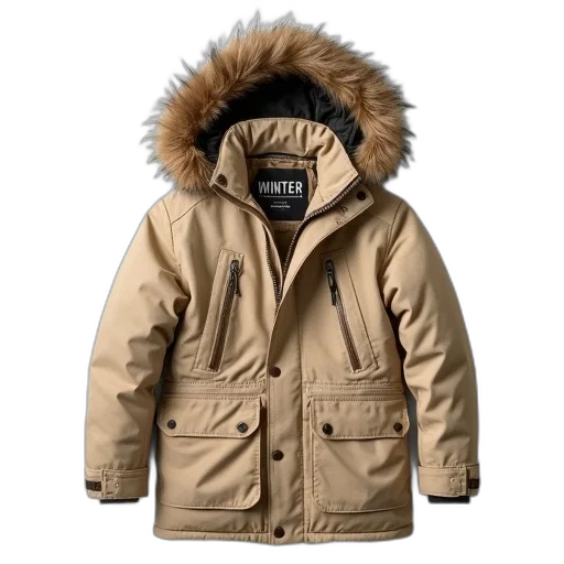jacket, earth tones, beige, winter, brown, fur-lined, hood, displayed transparent PNG cut-out