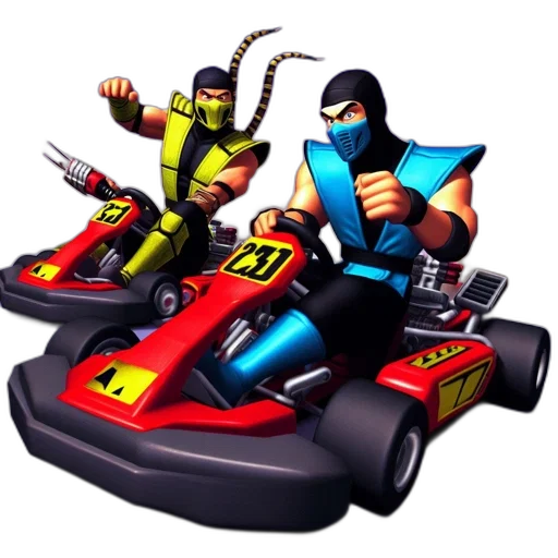concept art, 3d render, two, masked, racers, compete, go-kart, race transparent PNG cut-out