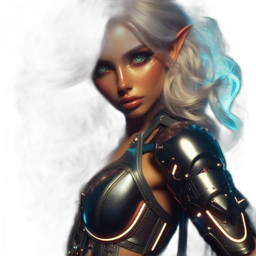 fantasy art, concept art, comic book art, photorealistic, golden, dark, silver-haired, female transparent PNG cut-out