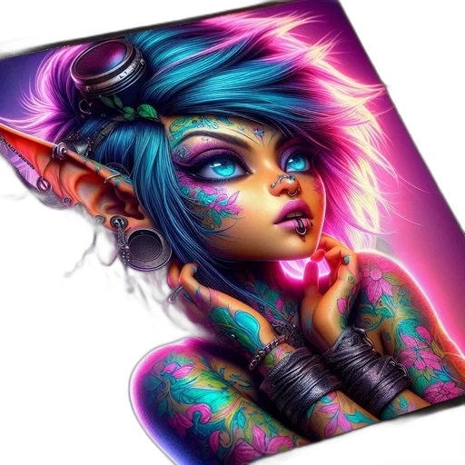 jewelry, face, fantasy art, photorealistic, cyberpunk, concept art, neon lights, neon transparent PNG cut-out