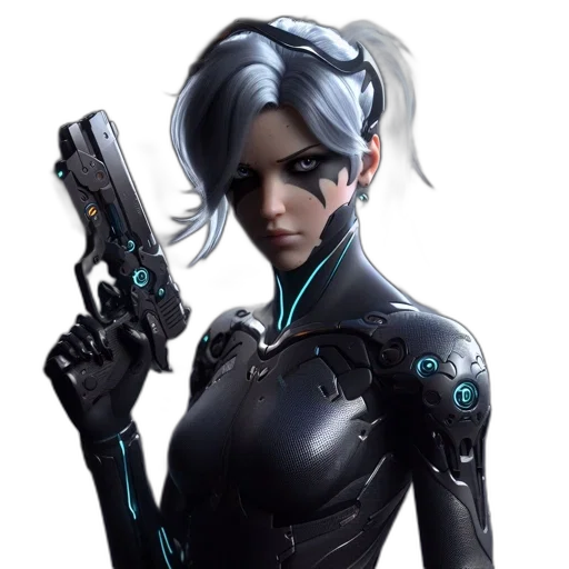 robot, weapon, cyberpunk, concept art, comic book art, pixel art, blue, dark transparent PNG cut-out
