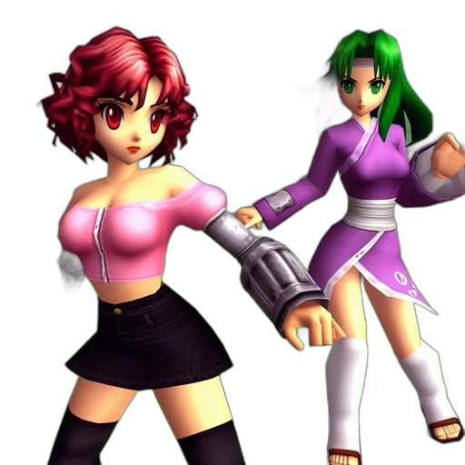 3d render, concept art, vaporwave, pixel art, two, animated, females, one transparent PNG cut-out