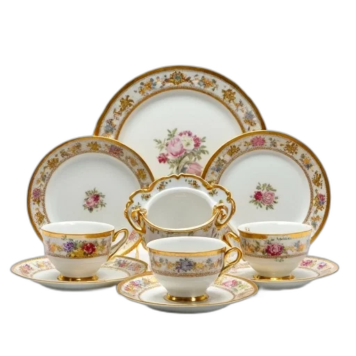 collection, antique, porcelain, dishes, displayed, white, background, set transparent PNG cut-out