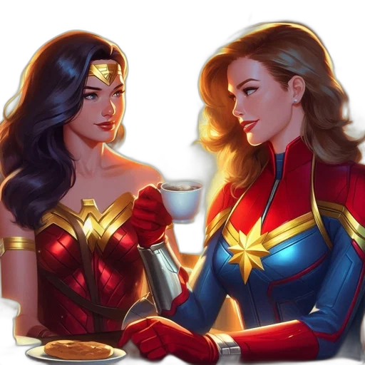 comic book art, concept art, fantasy art, cartoon, two, superhero-like, females, distinctive transparent PNG cut-out