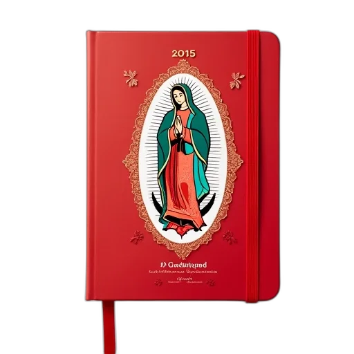 red, notebook, white, cover, featuring, stylized, image, virgin transparent PNG cut-out