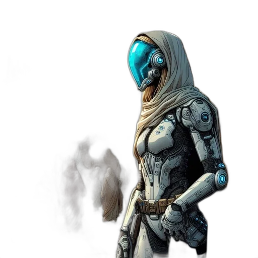 robot, mask, jacket, weapon, concept art, fantasy art, comic book art, 3d render transparent PNG cut-out