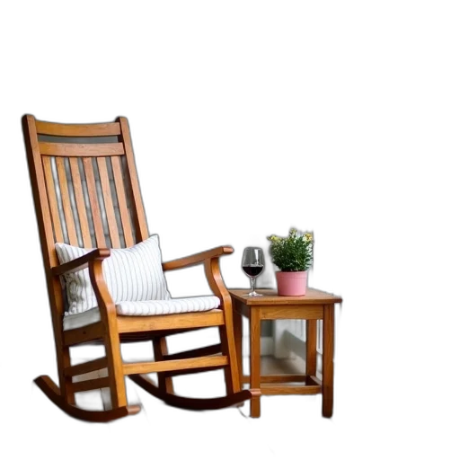 furniture, 3d render, photorealistic, wooden, rocking, chair, striped, cushion transparent PNG cut-out