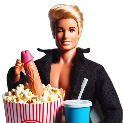 food, 3d render, unusual, scene, places, ken-like, doll, seated transparent PNG cut-out