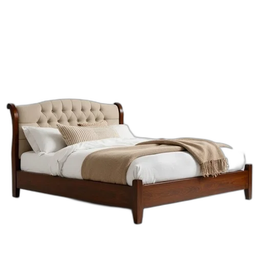 furniture, earth tones, wooden, bed, beige, headboard, footboard, displayed transparent PNG cut-out